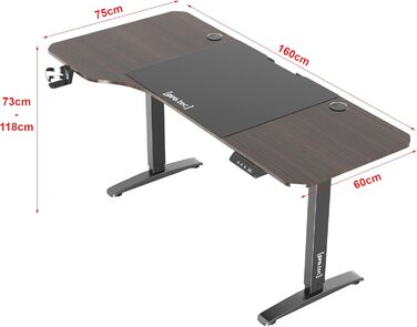 Електричний стіл pro.tec Oxnard 160x75 см з регулюванням висоти, пам'яттю, алюмінієвим каркасом, навантаженням до 80 кг, підставкою для напоїв і гачком для навушників, горіхова текстура