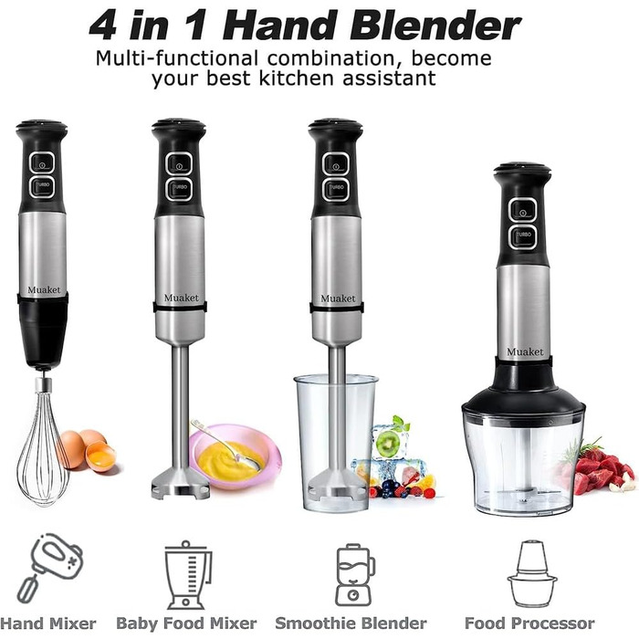 Ручний міксер Black+Decker BXHBA1200E, 1200 Вт, 20 швидкостей, турборежим, 4 леза з нержавіючої сталі, захист від бризок, легкий, ергономічний, повний комплект насадок