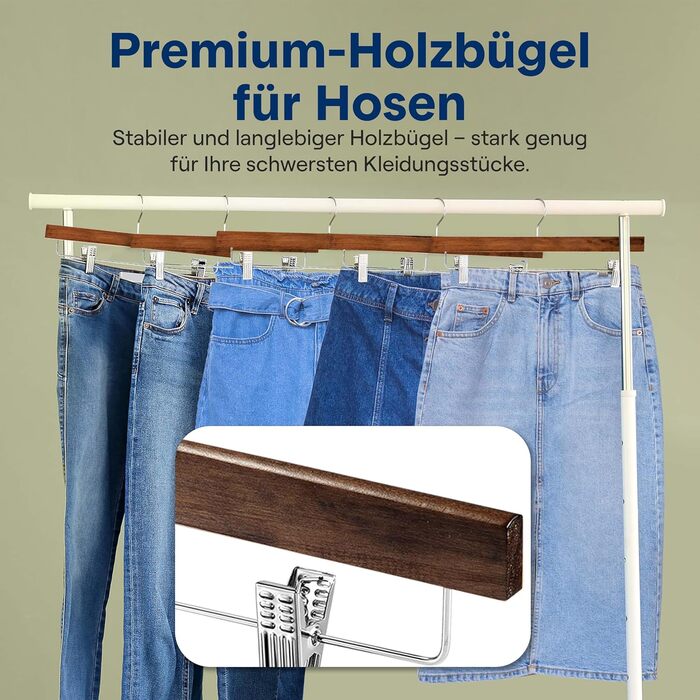В'язки для одягу SereneLife Rockbügel: 20 шт. дерев'яних вішалок з затискачами, поворотні гачки 360°, регульовані затискачі, ширина 35.5 см, економія місця, ретро коричневий колір