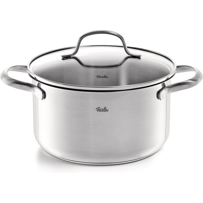 Набір каструль Fissler San Francisco з нержавіючої сталі, 5 предметів, для індукційних плит, зі скляними кришками (3 каструлі, 1 сотейник, 1 каструля з ручкою)