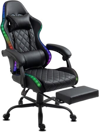 Ігрове крісло Delman Gaming з RGB LED підсвіткою, підставкою для ніг та металевою основою, чорне (02-0055)