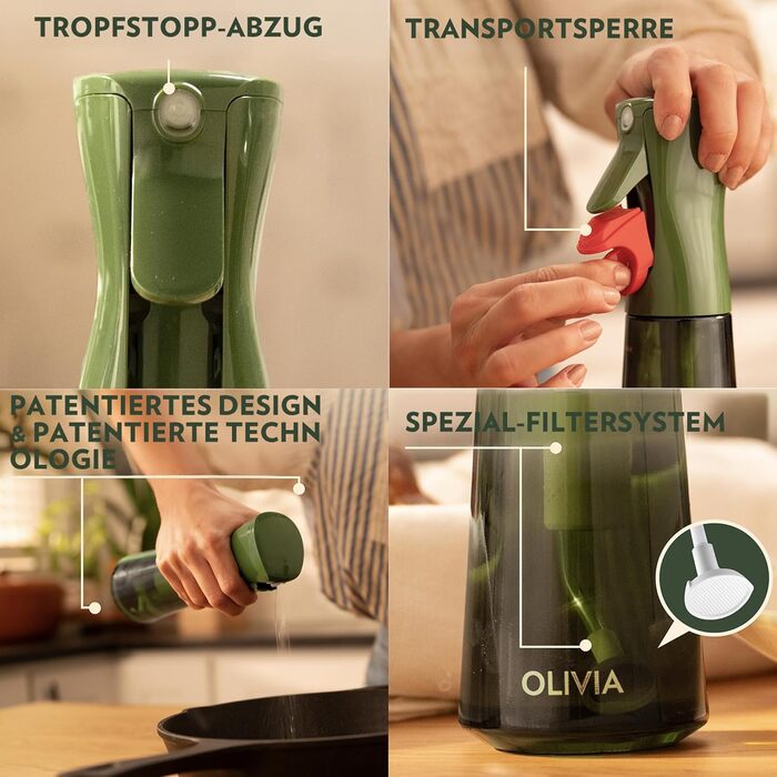 Скляний розпилювач для оливкової олії FLAIROSOL OLIVIA, 200 мл, дозатор для кухні, гриля та аерофритюрниці (Зелений)