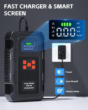Пусковий інвертор Povasee 6000A з компресором 150 PSI та Powerbank, бустер для авто 12V з електричним насосом та ліхтариком (Помаранчевий/Чорний)