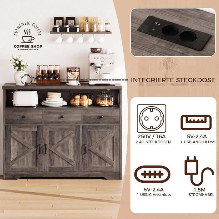 Кухонна шафа-сервант IRONCK з розетками (2AC+1USB+1C), комод з 3 шухлядами та 3 дверцятами, кавовий столик для вітальні та їдальні, регульована полиця, 107x35x95см (Okan)