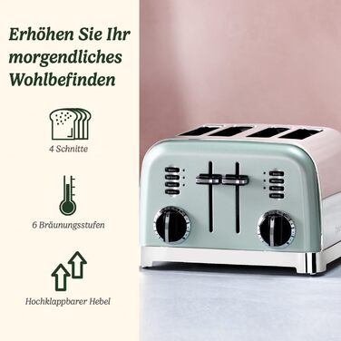 Тостер Cuisinart на 4 скибки, широкі слоти, 6 рівнів підсмажування, функція розморожування, підйомний важіль, для товстого хліба і бейгелів, пісташковий, сумісний чайник