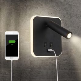 Настінна світлодіодна лампа TWSXTE з USB, поворотна, для спальні, читання, чорна, квадратна, 3000K, 3W+10W