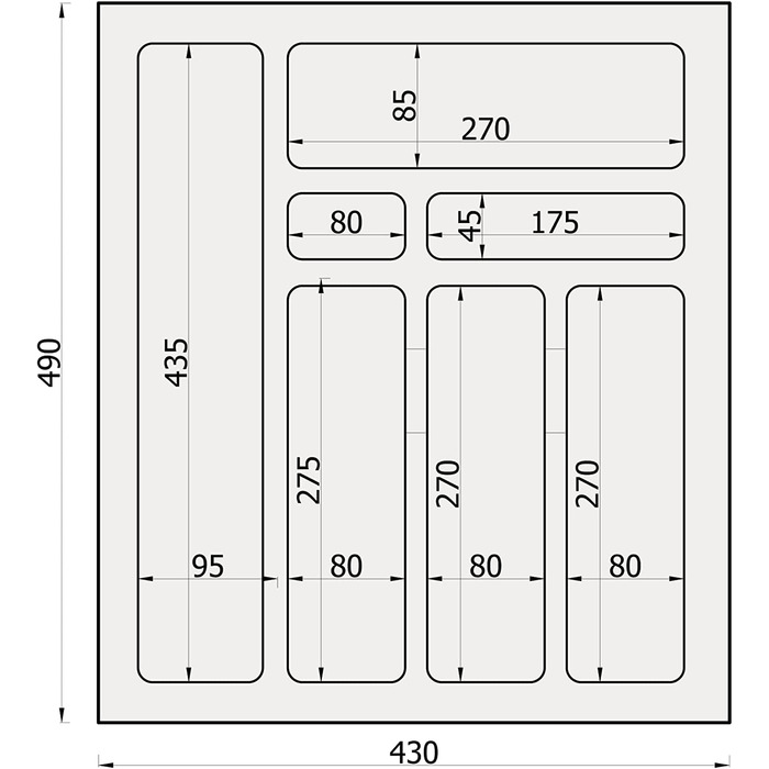 Лоток для столових приладів Sossai Divio, 43x49 см, 7 відділень, антрацит, для шухляд 50 см, обрізний, органайзер для кухні
