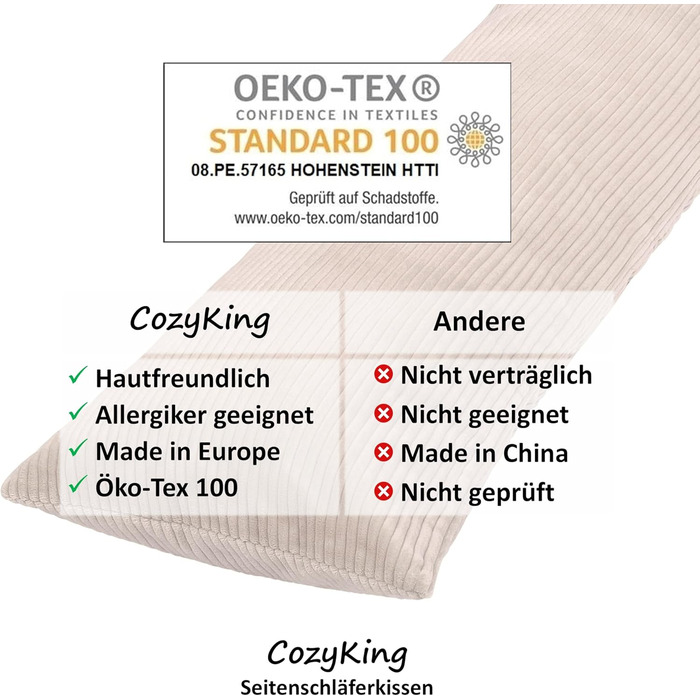 Подушка для сну на боці 200x40 см Cord Beige/Cream, Öko-Tex, 40°C, вагітним та для годування