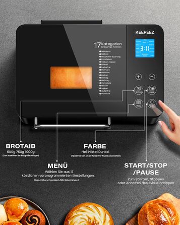 Преміум хлібопекарка Konvektions-Brotbackautomat 710W з керамічною формою, 17 функцій, диспенсер для горіхів, сталь, чорна