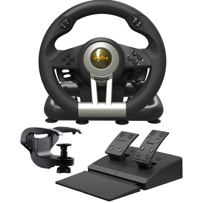 PXN V3 Pro Ігровий кермо з педалями для ПК, PS4, PS3, Xbox, Nintendo Switch. 180° поворот, вібрація, педалі, перемикачі швидкостей - Чорний