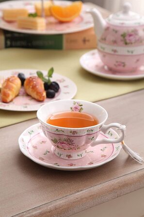 Чашка та блюдце з порцеляни Shabby Chic Vintage з птахом, метеликом і квітами у подарунковій коробці (рожевий колір)