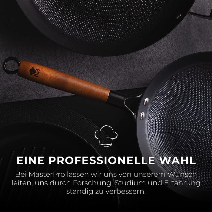 Wok MasterPRO Odín 24 см та гриль-пластина 28 см із пресованого заліза з ергономічною ручкою з акації для всіх типів плит