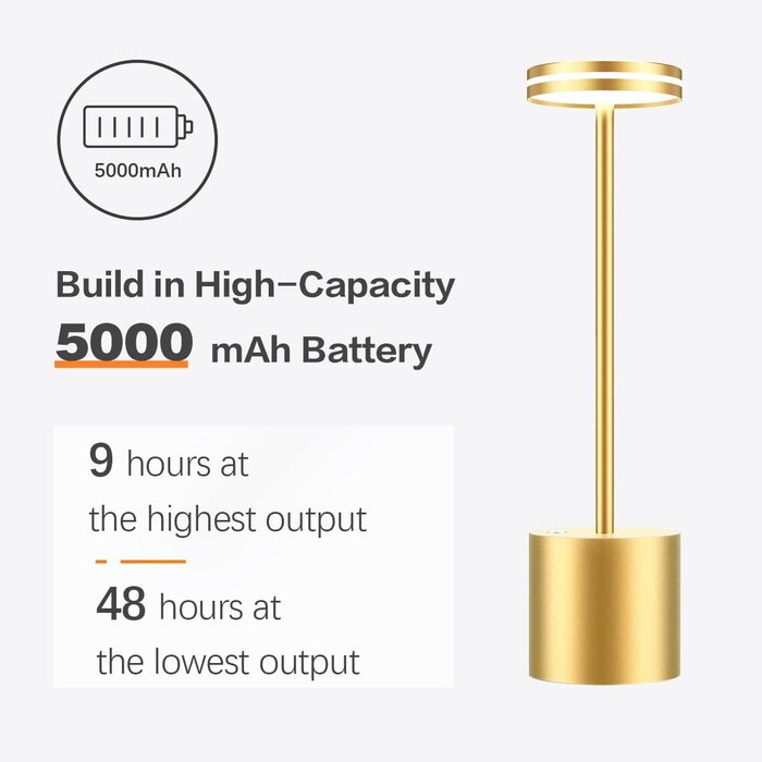 Безпровідна LED настільна лампа Hapfish, акумулятор 5000mAh, сенсорне керування, диммована, 3 режими світла, алюміній, золота, для вулиці, спальні, письмового столу