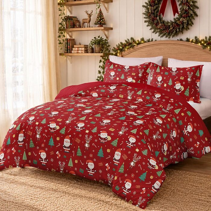 Комплект новорічної постільної білизни WONGS BEDDING з Санта-Клаусом, м'яка мікрофібра, 2 предмети (підковдра 135x200 см, наволочка 80x80 см), червоний