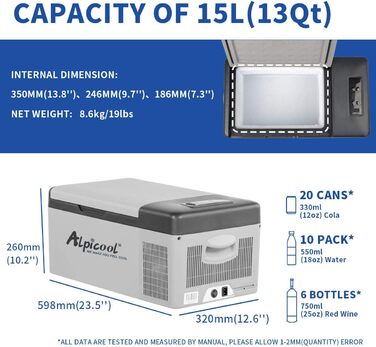 Автомобільний холодильник Alpicool C15 15л 12V/220V - портативний міні-холодильник для авто, кемпінгу, човна з USB, -20°C - +20°C