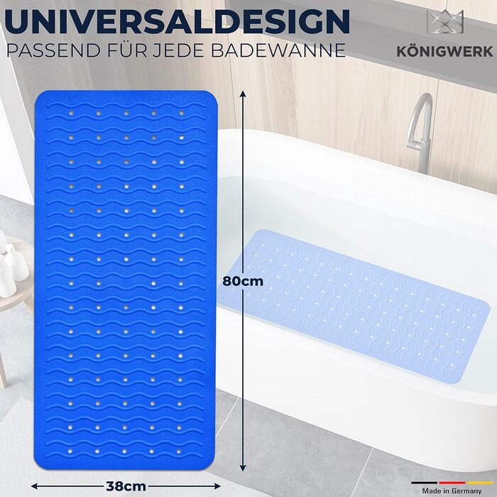 Антиковзний килимок для ванни Königwerk 80x38 см, без BPA, без ПВХ, синій, для дорослих та дітей, Німеччина