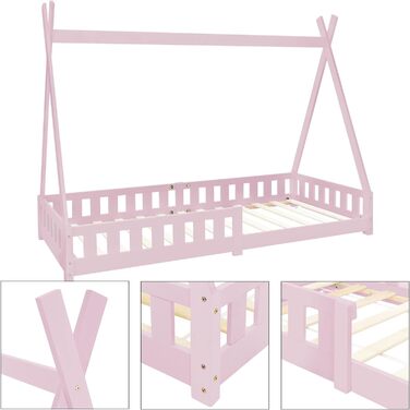 Дитяче ліжко-хатинка Tipi ML-Design 90x200 см рожеве з бортиком, дерев'яне з масиву сосни, індіанський дизайн, з ламелями, для дівчаток, ігрове ліжко-намет