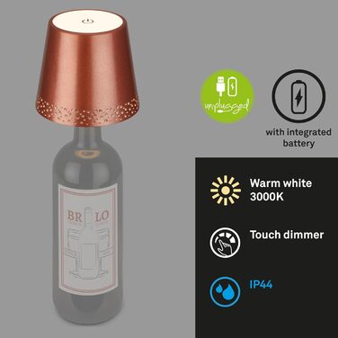 BRILONER LED лампа-насадка на пляшку, димована, бездротова настільна лампа з сенсорним керуванням, нічник, лампа для читання, тепле біле світло, 11x9 см, мідний матовий колір