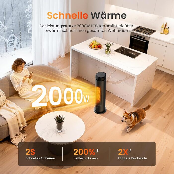 Електричний обігрівач 1500W з PTC-керамічним нагрівачем, портативний з термостатом та ECO-режимом, 4 режими, цифровий дисплей, таймер 12 годин, тихий (35dB), чорний (60см)