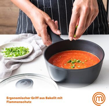 Каструля MasterChef з антипригарним покриттям та скляною кришкою, 20 см, алюмінієва, індукційна, універсальна для всіх типів плит, чорна, для супу та макаронів, колекція Aluminum Essentials