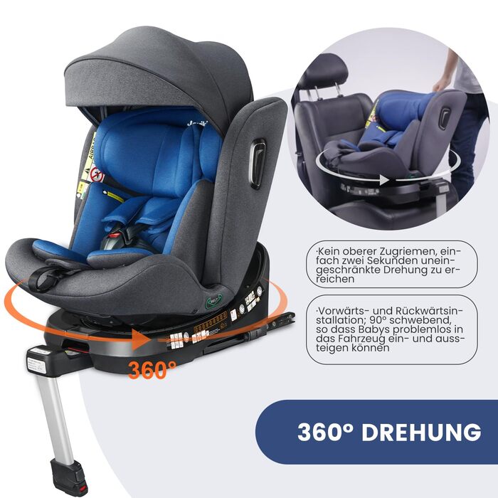 Дитяче автокрісло Jovikids 360° з ISOFIX, i-Size 40-150 см (від народження до 12 років), реверсивне, з відкидною спинкою та знімним капюшоном, синє, ECE R129