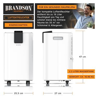 Осушувач повітря Brandson 16л з компресором для дому, спальні, підвалу - електричний, тихий, з дисплеєм
