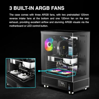 Корпус для ПК GAMDIAS Atlas E1 ATX Mid Tower з реальним монітором, 3 встановленими 120 мм ARGB вентиляторами, загартованим склом, високою вентиляцією, бічними отворами, чорний