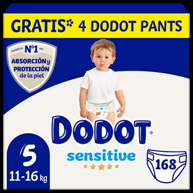 Підгузки Dodot Bebé Sensitive розмір 5 (11-16 кг), місячний набір: 168 підгузків та 4 трусики, гіпоалергічні для чутливої шкіри
