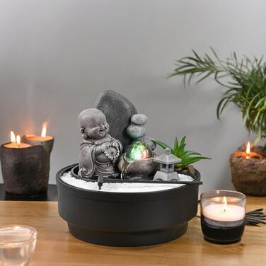 Настільний фонтан-дзен сад Sikhi Zen'Light з фігуркою Будди, кольоровою LED-підсвіткою та білим піском, 21 см — Декоративний фонтан для релаксації та інтер'єру