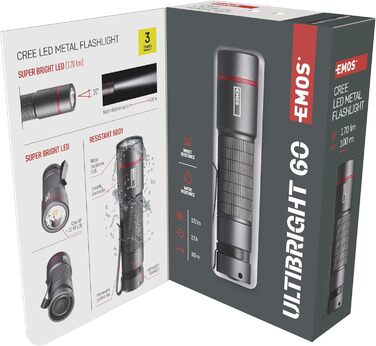 Ліхтарик EMOS Ultibright 60, CREE LED, металевий, ударостійкий і водонепроникний IP65, 170 лм, до 100 м, з кліпсою та ручкою, чорний, для дому та вулиці