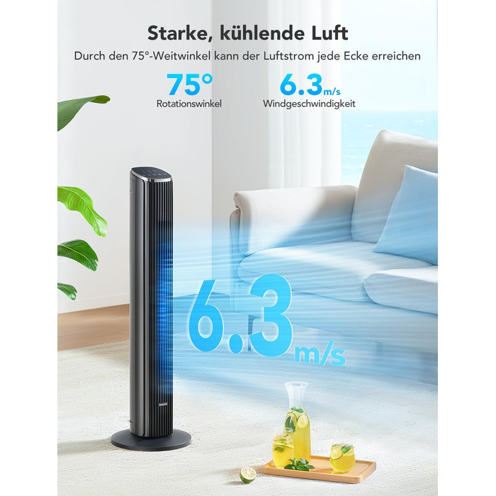 GoveeLife Розумний вежний вентилятор з Wi-Fi та Bluetooth, 75° осциляція, 8 швидкостей, 5 режимів, таймер на 24 год