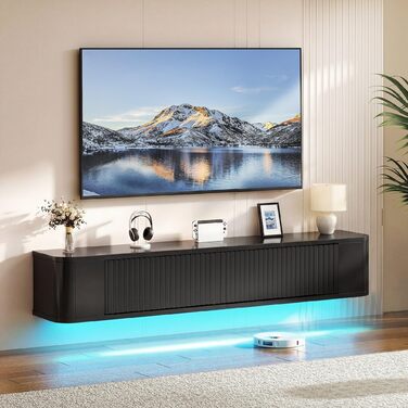 Підвісна тумба під телевізор YITAHOME 140 см з RGB підсвіткою, чорний глянцевий, настінна полиця для вітальні та спальні, великий об'єм зберігання 140x25x20 см
