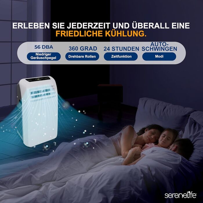 Мобільний кондиціонер SereneLife 9000 BTU 4-в-1: охолодження, обігрів, вентилятор і осушувач повітря, з пультом ДУ, для кімнат до 20 м², білий, комплект для віконного монтажу