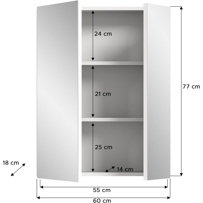 Дзеркальна шафа xonox.home Vira X2LA9772 для ванної, біла, меламін, 60x77x18 см, з великою дзеркальною поверхнею, 2 дверцята