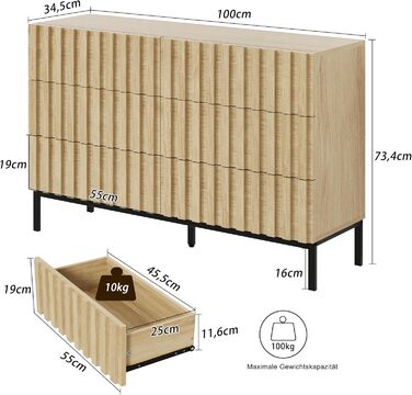 Комод UEV з 6 шухлядами, 73,4x34,5x110 см, вузький комод для зберігання, шафа з шухлядами для вітальні, спальні, коридору, натуральний колір