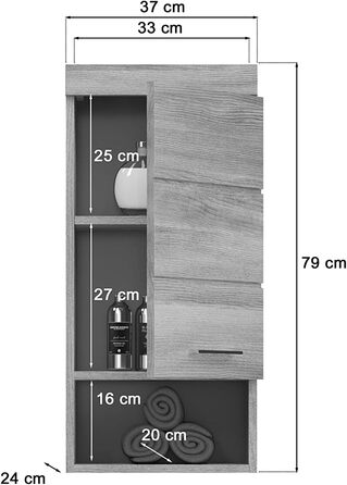 Навісна шафа для ванної кімнати homes&jones Soul, 37x79x24 см, ДСП, колір димчасте срібло