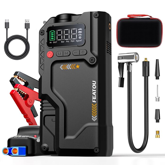 Powerbank з компресором Starthilfe 6500A: автостартер 12V для легкових автомобілів з повітряним насосом, бустер-акумулятор (для 9.0L бензину/8.5L дизеля) з пусковими кабелями, LED ліхтар 500 люмен (чорний), піковий струм 6500A