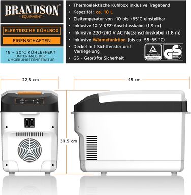 Автомобільний холодильник/термобокс електричний Brandson 10л (230V/12V), охолодження до +20°C, нагрів до 65°C, білий