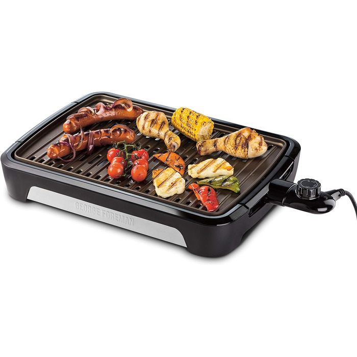 Електричний гриль George Foreman Smokeless для дому, бездимний, антипригарний, з піддоном для жиру, регулятором температури, вертикальне зберігання, модель 25850-56