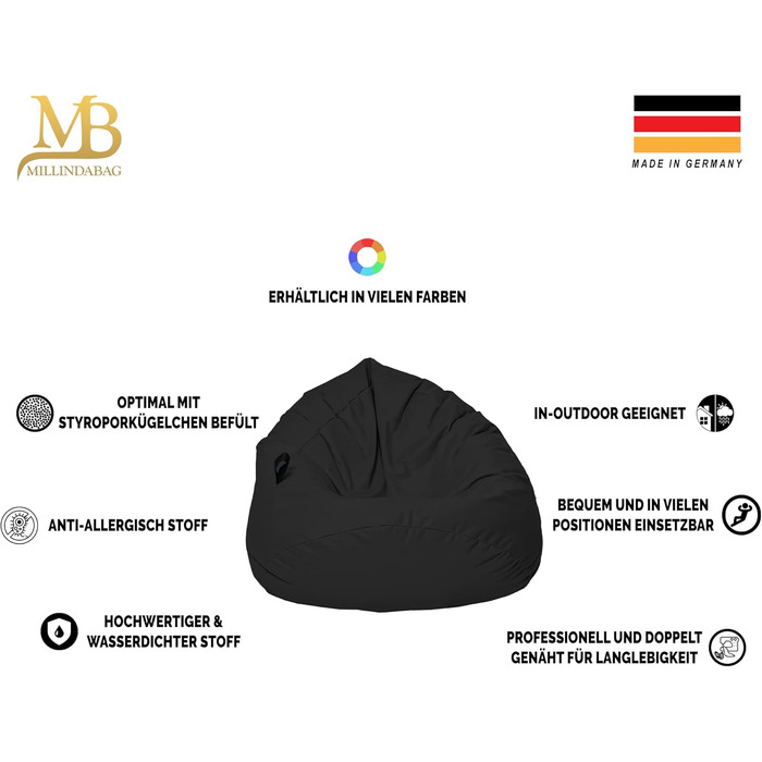 Мішок-крісло Beanbag MILLINDABAG Kastanie краплеподібний для дітей, підлітків та дорослих, антрацит, XL 77 см - для дому та вулиці, вже наповнений