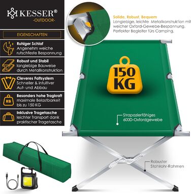 Розкладне кемпінгове ліжко KESSER 190/210 см з підсвіткою, сумкою та кишенею, металевий каркас, 600D Oxford, до 150 кг, портативне польове ліжко для відпочинку та подорожей