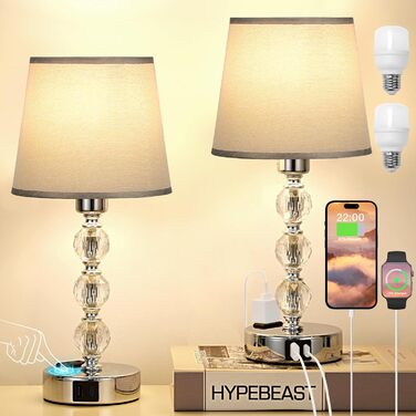 Настільна лампа Kakanuo з кришталем, сенсорне димування, 2 шт, LED, USB-A+C, сірою текстильною абажурою, для спальні, вітальні, офісу, готелю, 37 см
