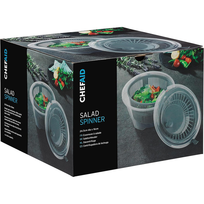 Салатниця з віджимом Chef Aid 4.4 л, прозора пластикова, з кришкою та кошиком для сушіння салату