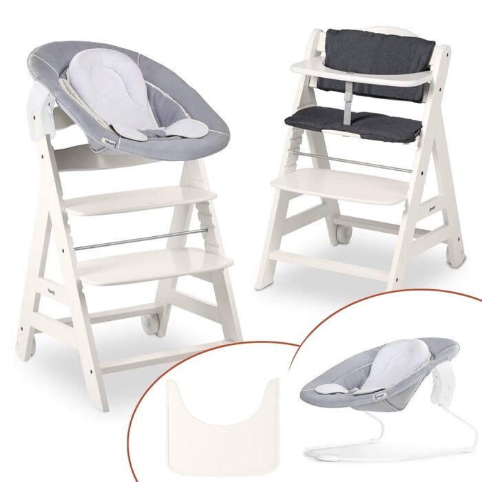 Високий стільчик для годування Hauck Beta+ Newborn Set - комплект для новонароджених, від народження з 2-в-1 функцією гойдалки, подушкою для сидіння та підносом для їжі (білий)