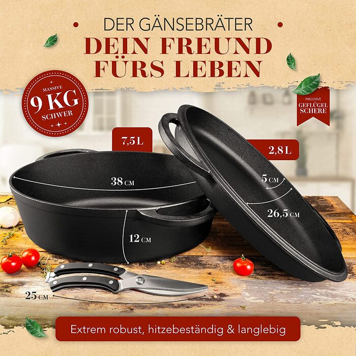 Гусятниця KRUSTENZAUBER 38 см з кришкою, чавун, для духовки, індукції, 9 кг, з ножицями для птиці – великий жаровий казан, жаровня, чавунна сковорода