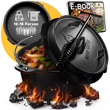 Набір чавунних казанів Dutch Oven 12л з ніжками та знімачем кришки, чавунний казан для відкритого вогню на 10-16 осіб