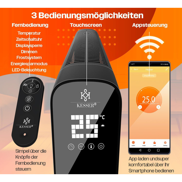 Електричний конвектор KESSER 1200/2400Вт, WiFi, термостат, таймер, сенсорний дисплей, економний, захист від перегріву, чорний
