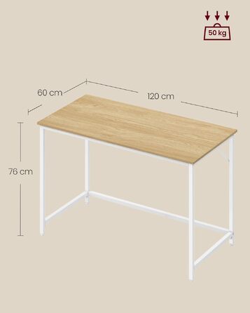 Комп'ютерний стіл VASAGLE для офісу та дому, робочий стіл 120 x 60 x 76 см, колір дуб натуральний та перламутровий білий, LWD041W70V2