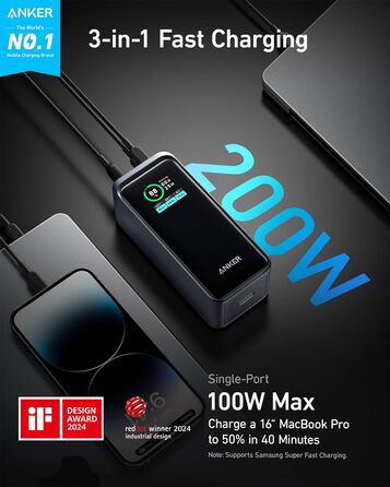Power Bank Anker Prime: 20000 mAh, 200W, 2 x USB-C, USB-A, сумісний з iPhone, Samsung, MacBook, Dell