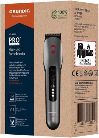 Машинка для стрижки волосся та бороди GRUNDIG ProClub MC 8030 з сенсором BeardCare, титановими лезами, 2 насадками, довгий час роботи, для вологого та сухого використання, темно-матовий хром/червоний